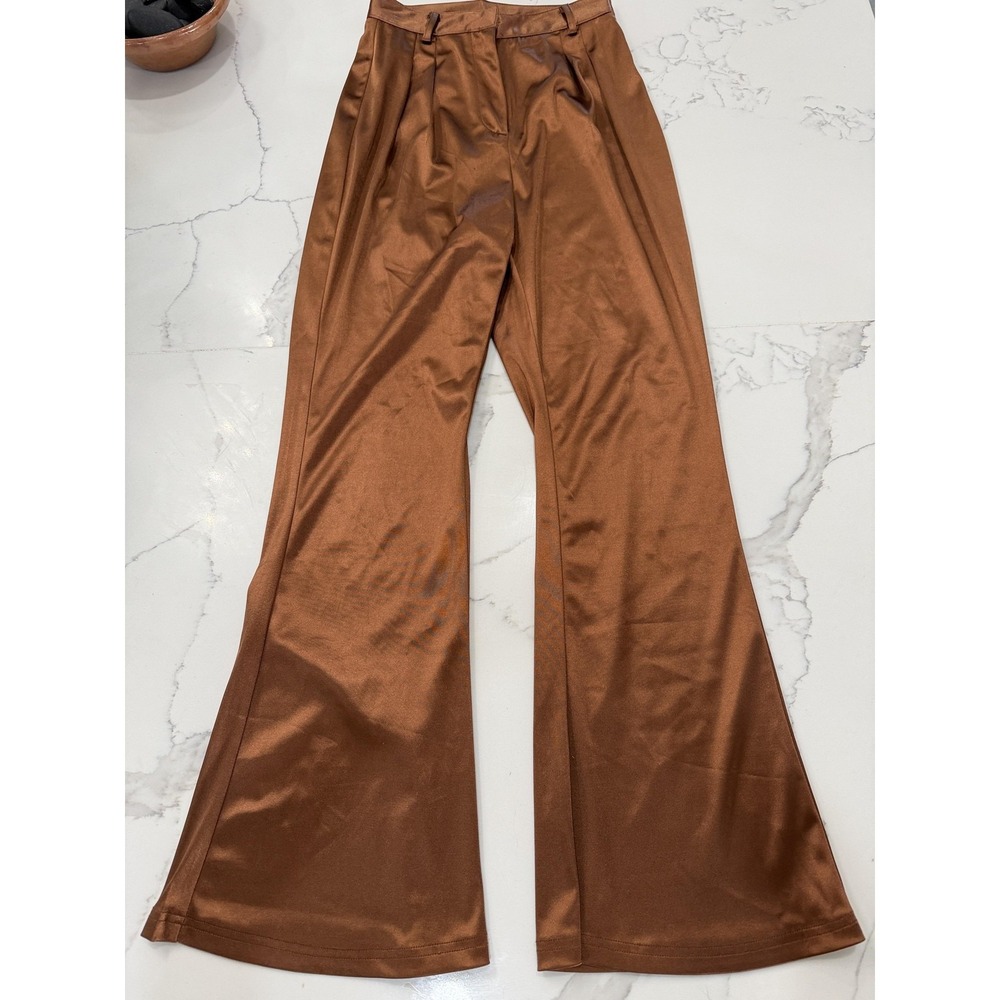 SheIn Pants Womens XS Brown Satin Wide Leg Pleated High Waist Stretch Party